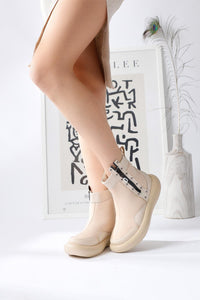 Maeda – Beige Neoprene Stud and Zip-Detail Boot (Women)