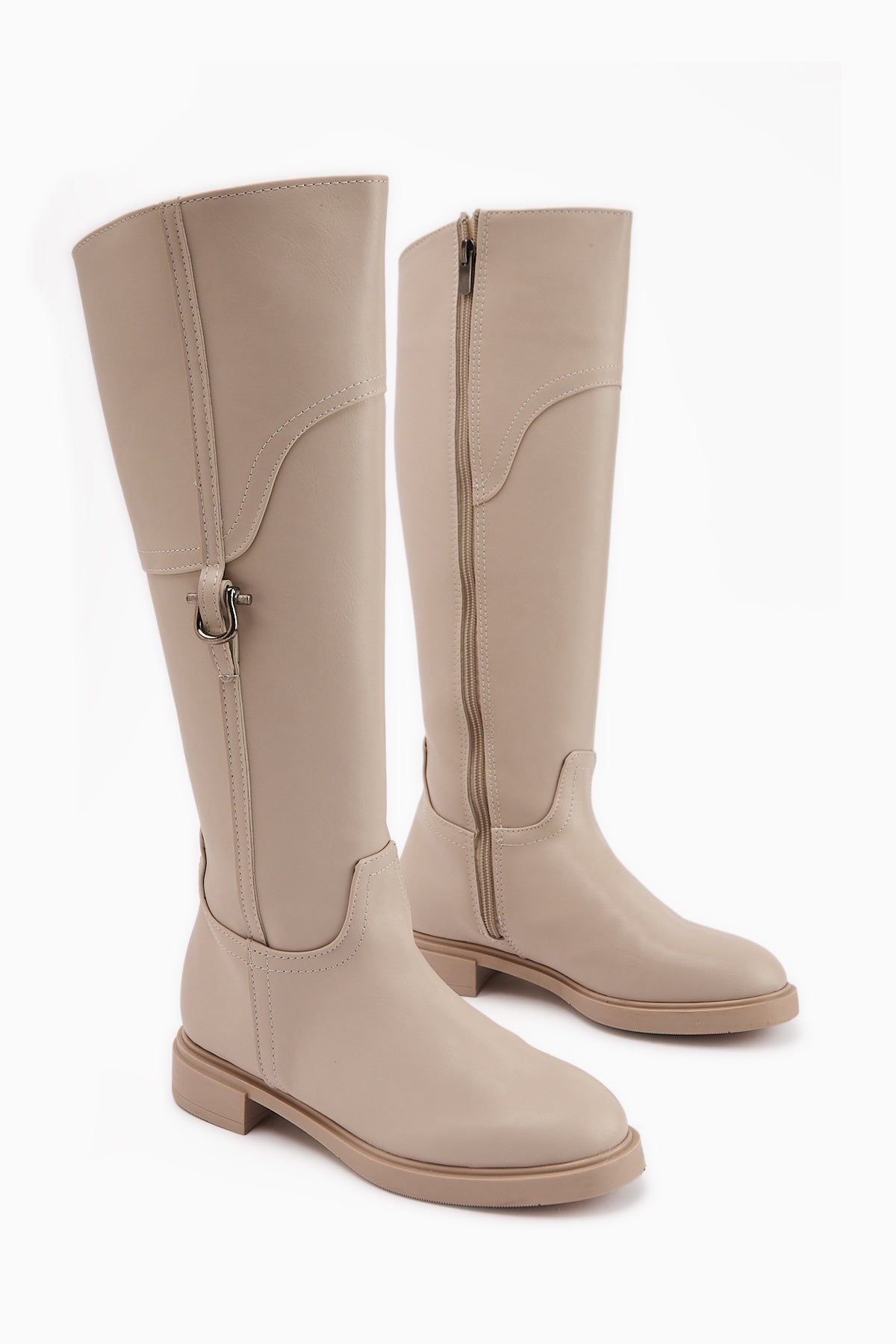 Caterine Beige Buckle Detailed Short Heeled Boots
