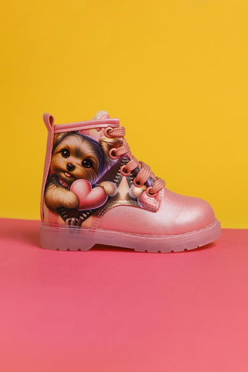 Jannice Pink Cartoon Character Print Light-Up Lace-Up Baby Boots
