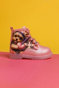 Jannice Pink Cartoon Character Print Light-Up Lace-Up Baby Boots