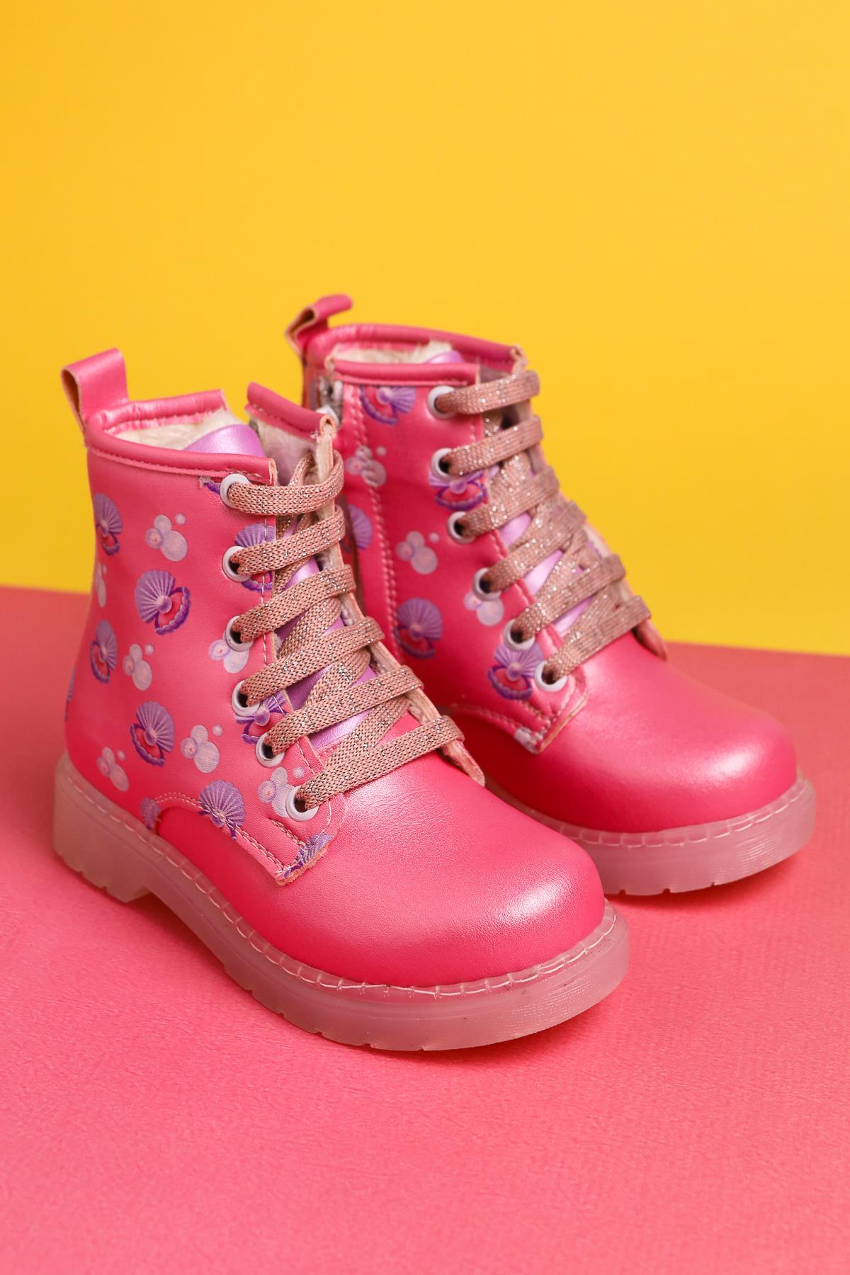 Johline Pink Sea Creature Print Lace-Up Light-Up Kids Boots