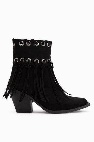 Nessa Black Suede Fringed Thick Heeled Women’s Cowboy Boots