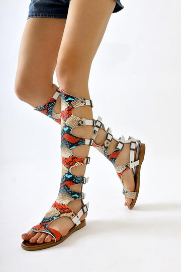 Lilith Genuine Leather White Snake Skin Patterned Knee-High Gladiator Sandal