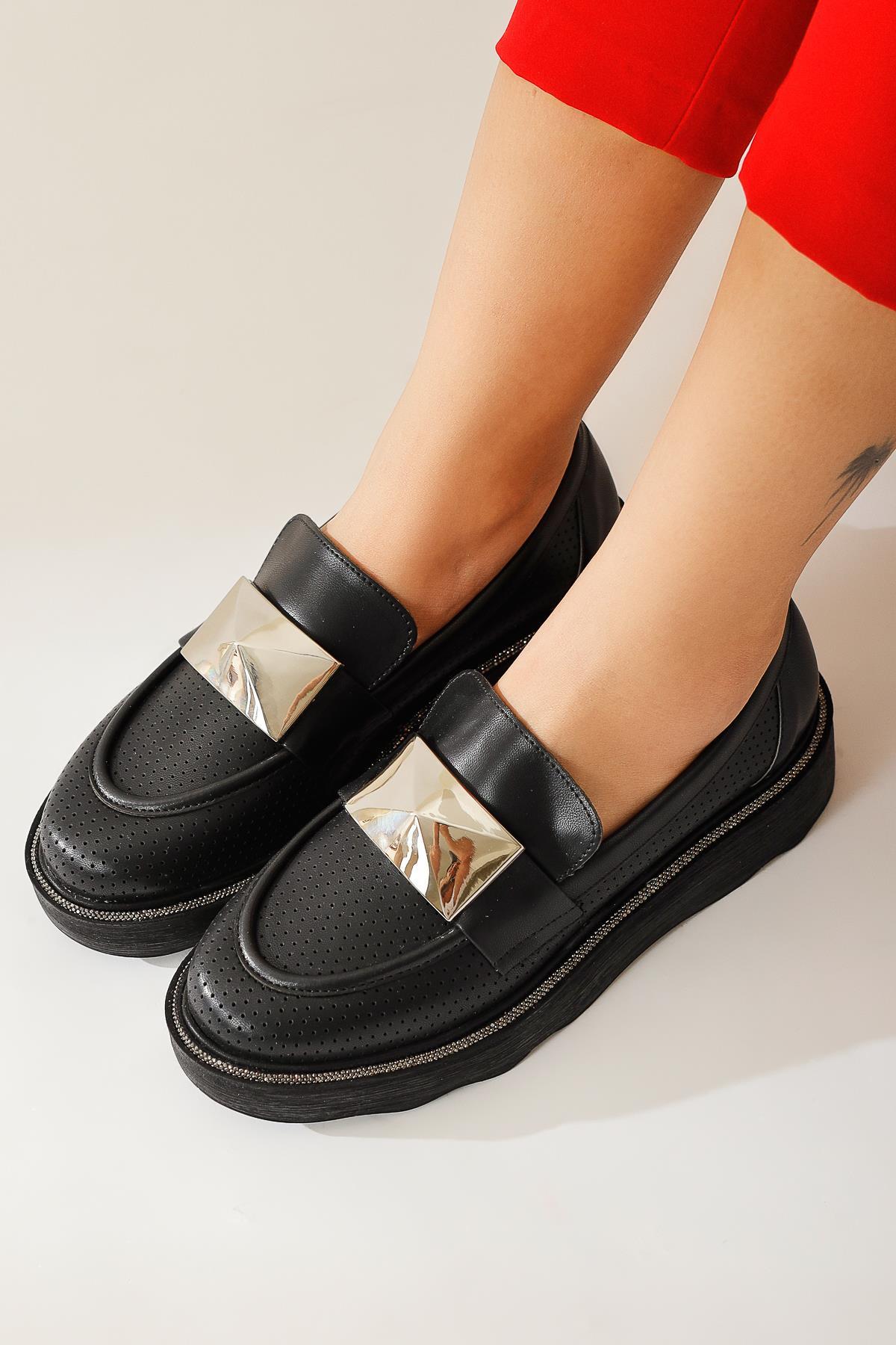 Khloe – Black Buckle-Detail Perforated Loafer (Women)