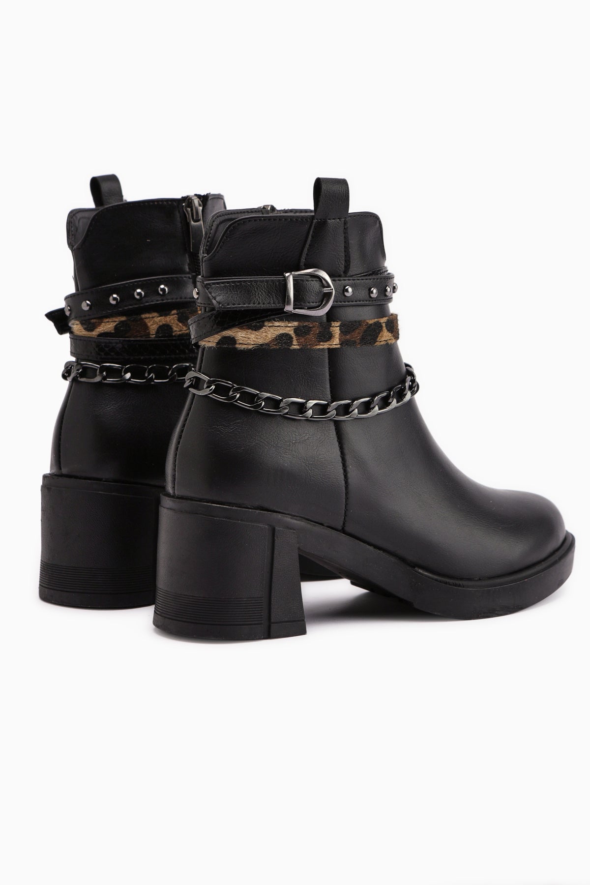 Anissa - Black Chain-and-Belt-Detail Block Heel Boot (Women)