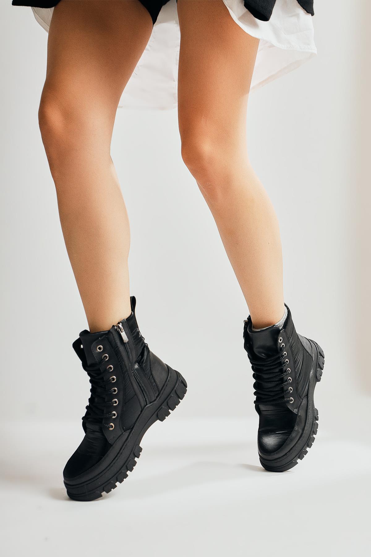 Meredith – Black Reflective Fabric-Detail Lace-Up Boot (Women)