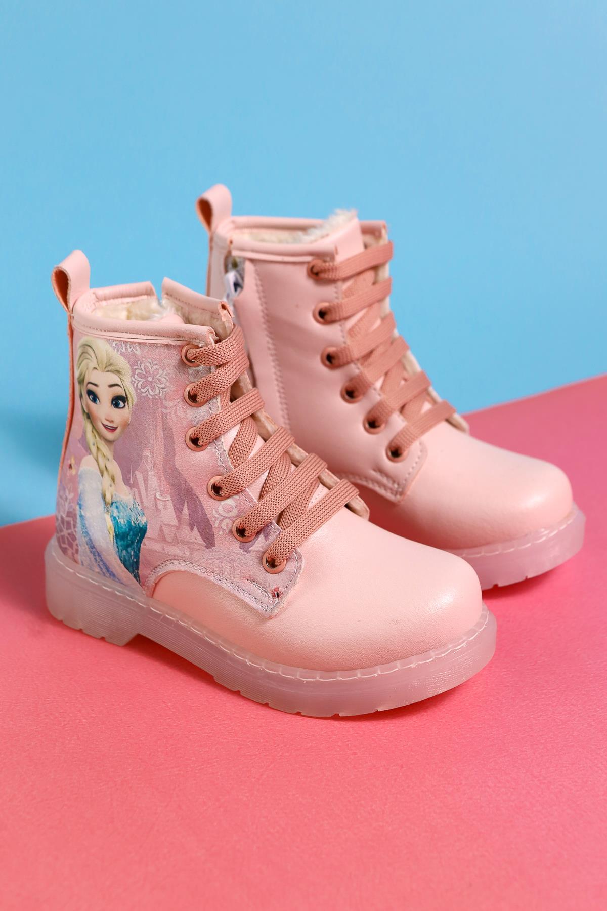 Lyan Powder Pink Striped Character Print Lace-Up Kids Boots