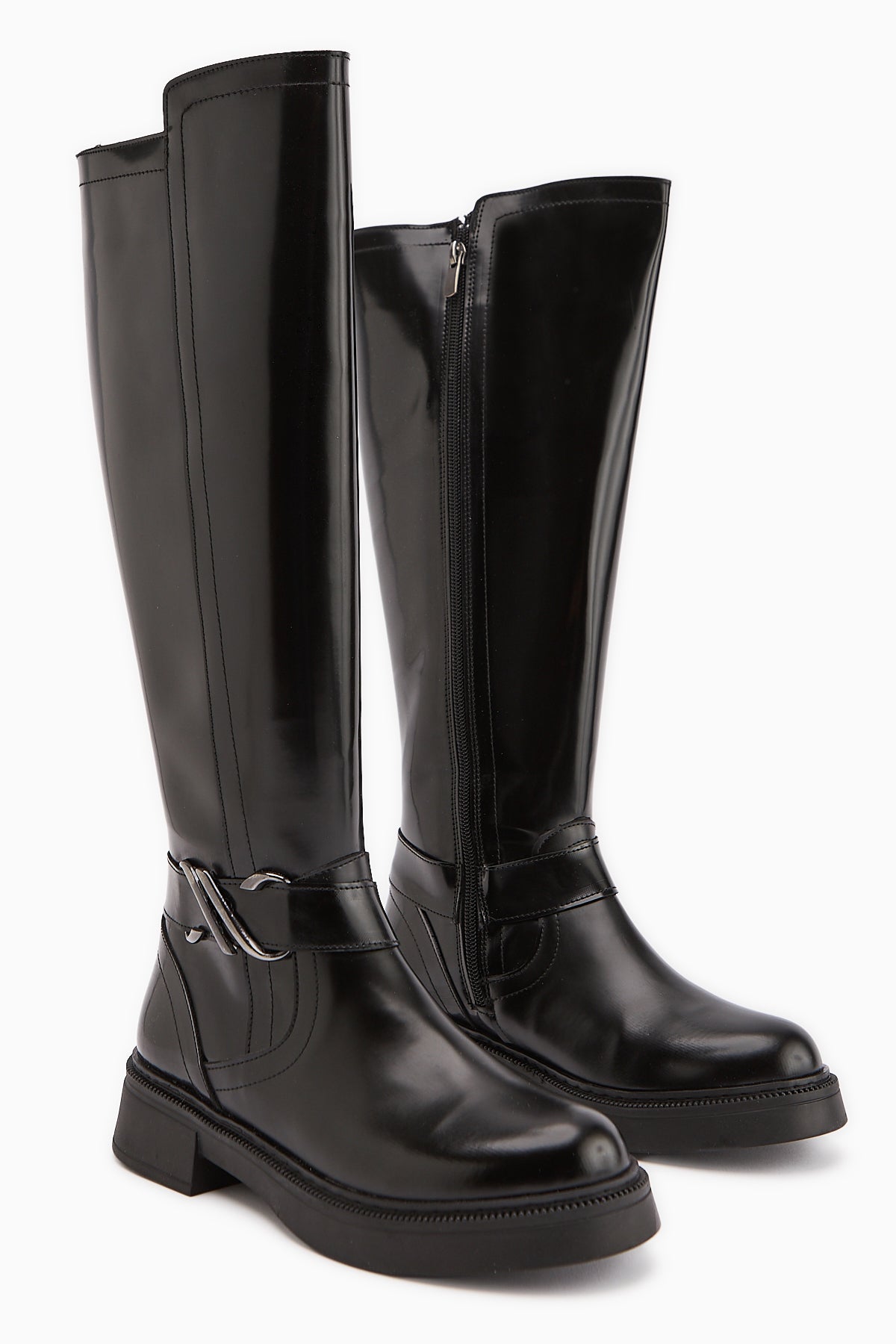 Birgita Black Patent Buckle Detailed Zipper Women’s Boots