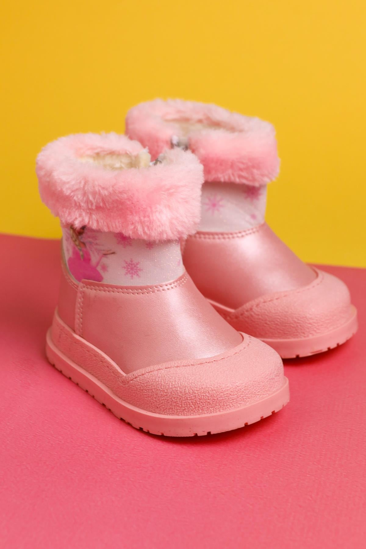 Elea Powder Pink Striped Character Print Fur-Lined Baby Boots