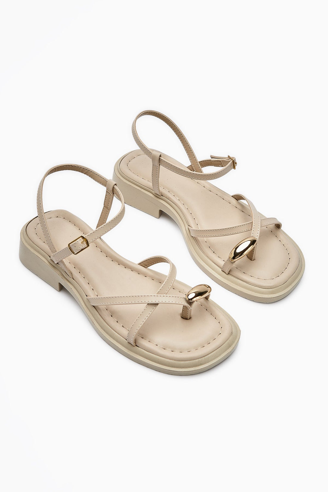 Lissi Beige Cross-Strap Buckled Women's Thong Sandals