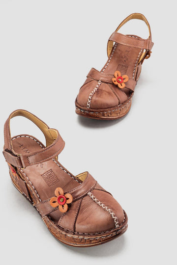 Katlyn Earth Genuine Leather Sandals with Floral Detail and Chunky Heels