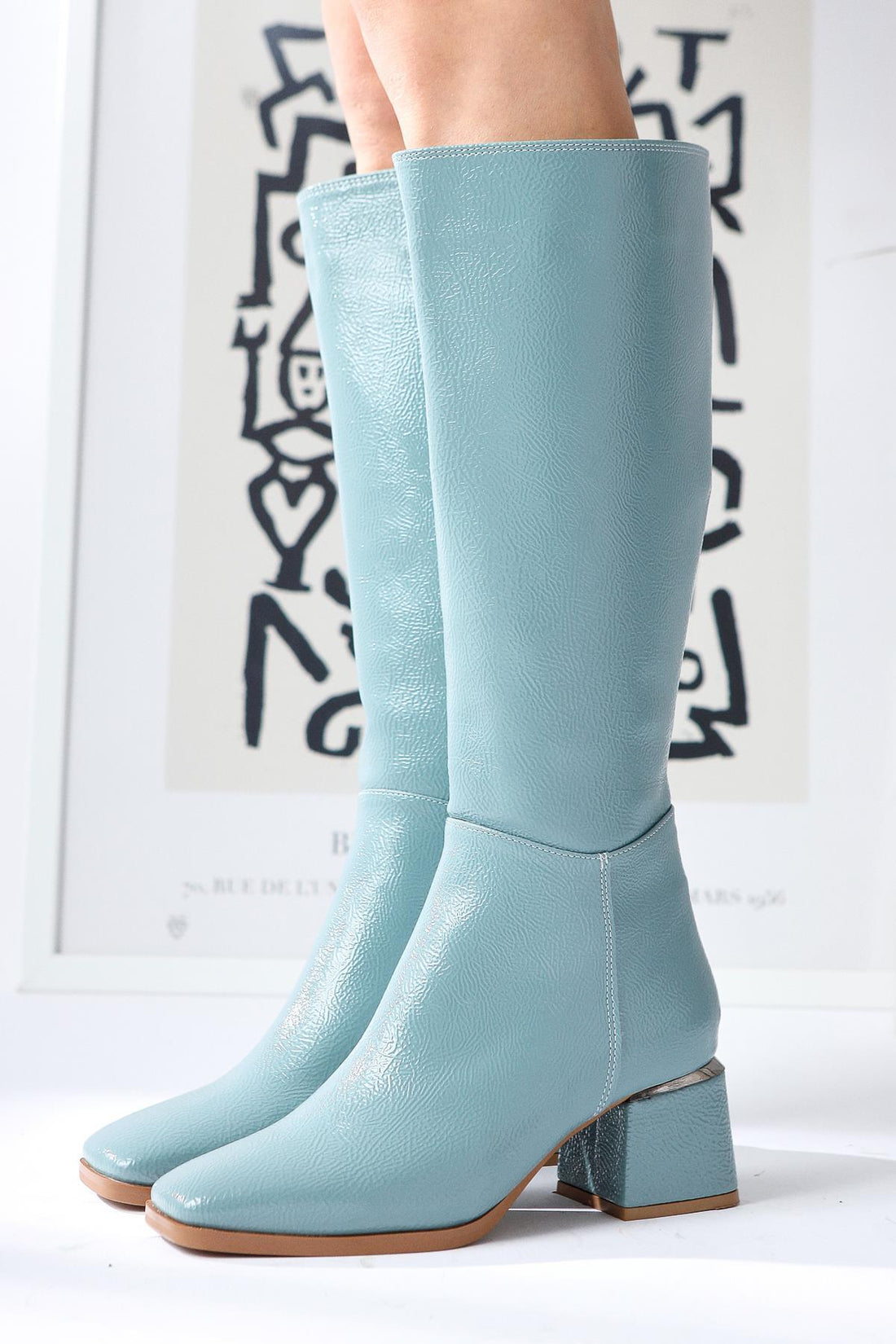 Miami – Blue Crinkled Patent Square-Toe Knee-High Boot (Women)