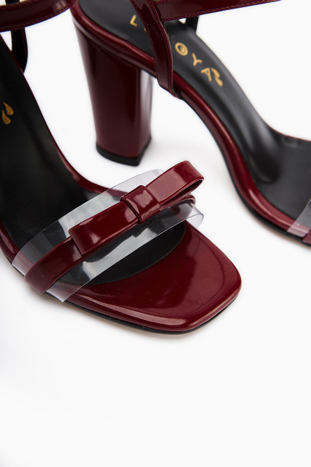 Joyce Burgundy Patent Thick Heeled Ankle Strap Bow Women’s Sandal