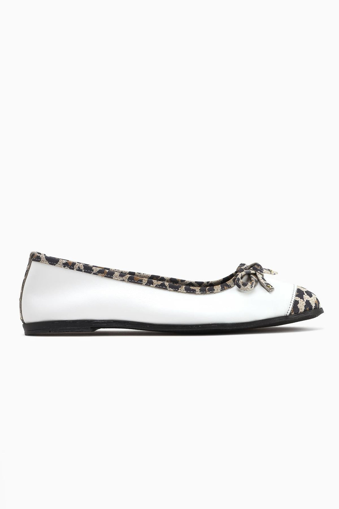 Alfreda Genuine Leather White Ballet Flats with Leopard Detail and Bow