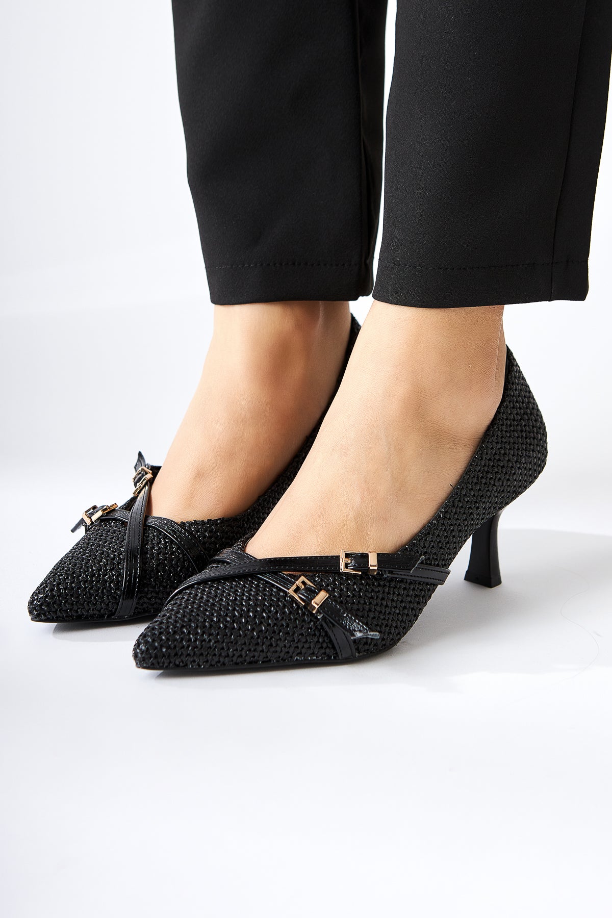 Noran Black Woven Detailed Pointed Toe Women’s Heeled Shoes