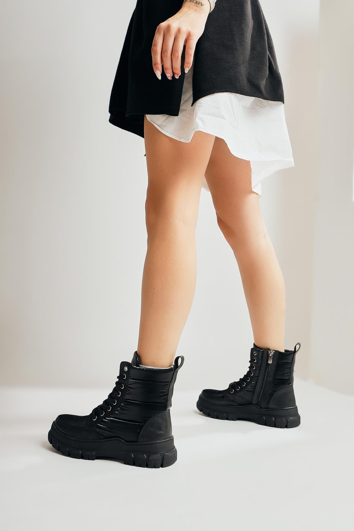 Meredith – Black Reflective Fabric-Detail Lace-Up Boot (Women)
