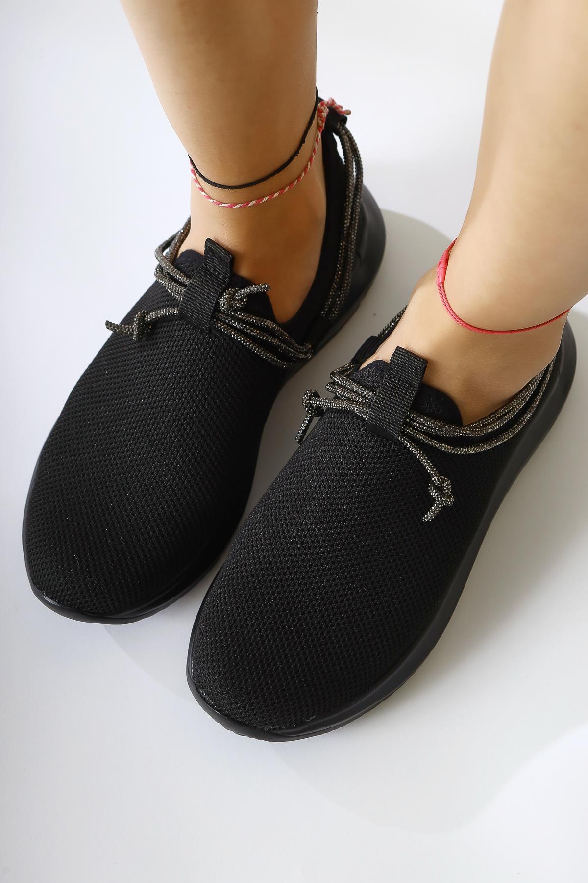 Morin Black Lace-up Sneaker with Gemstone Detail