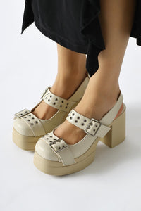 Marise Genuine Leather – Beige Oval-Toe Platform Double-Strap-Detail Casual Shoe (Women)