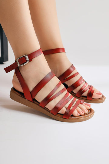 Theodora Genuine Leather Strapped Red Sandals