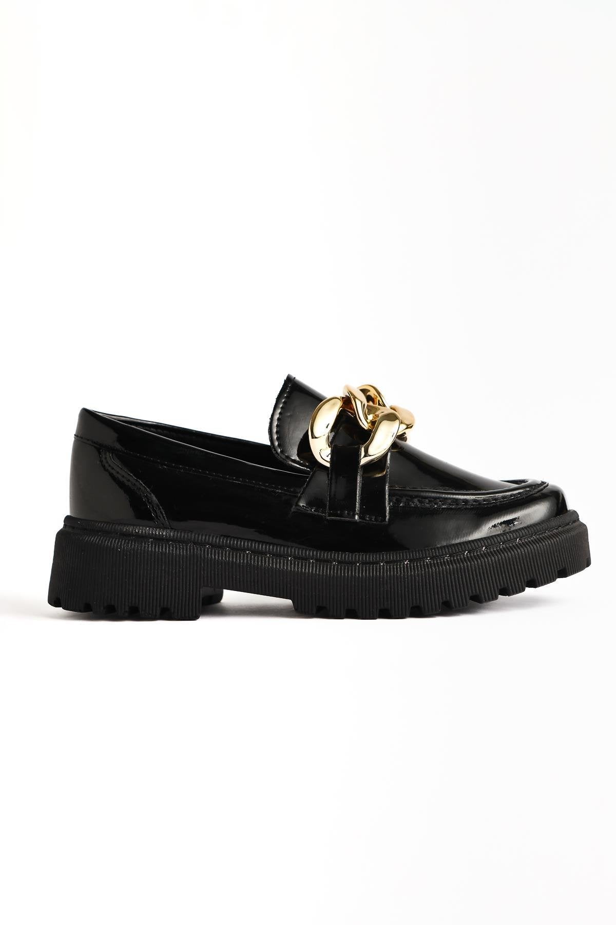 Fiori Black Patent Leather Kids' Moccasins with Buckle Detail