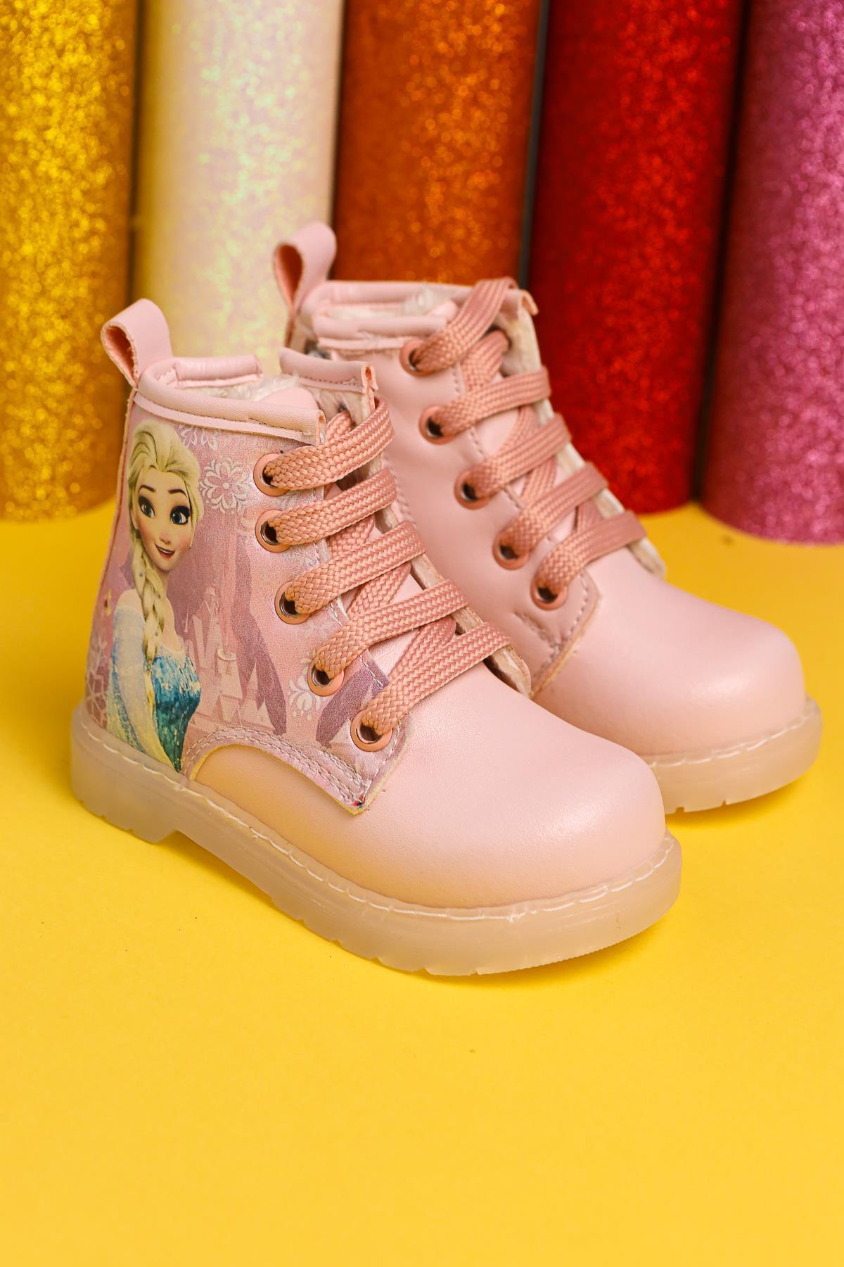 Ester Powder Pink Striped Character Print Lace-Up Light-Up Baby Boots