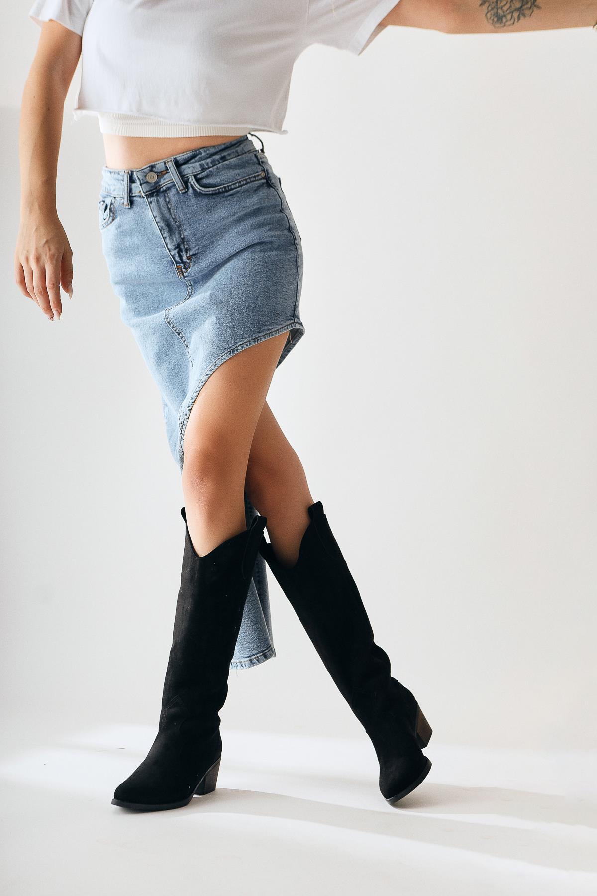 Lhena – Black Suede Western Pull-On Knee-High Boot (Women)
