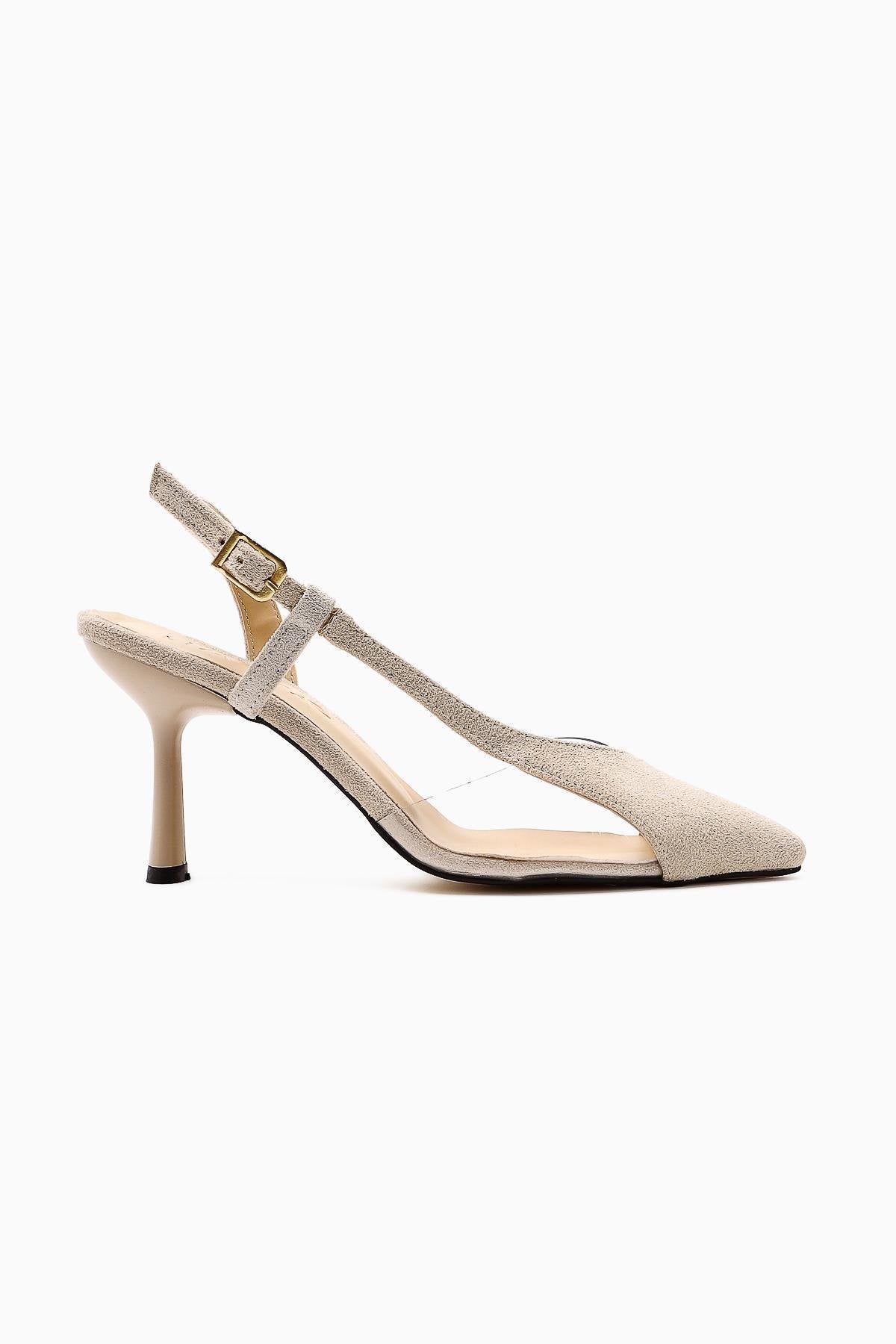 Aliah Beige Suede Pointed Toe Pumps with Transparent Detail