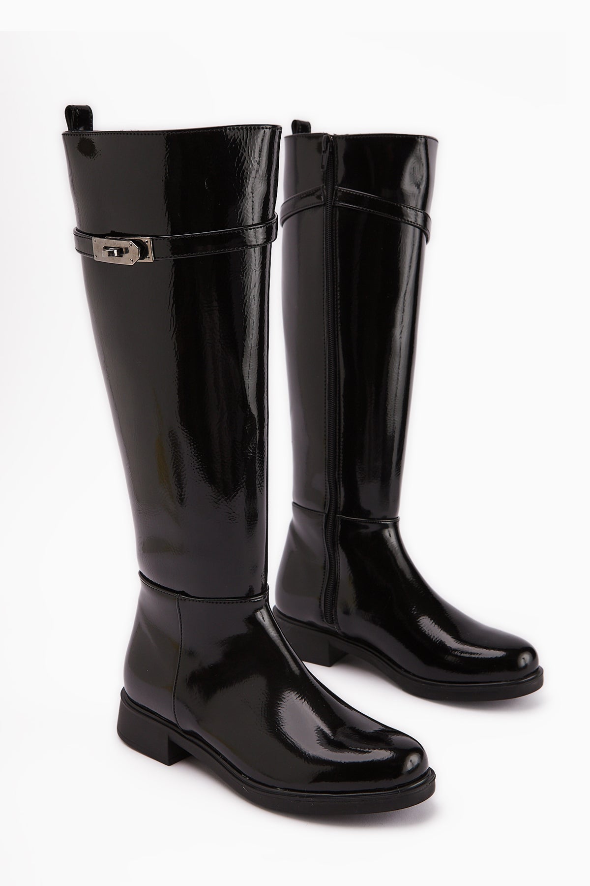 Kanako Black Patent Accessory Zippered Short Heeled Boots