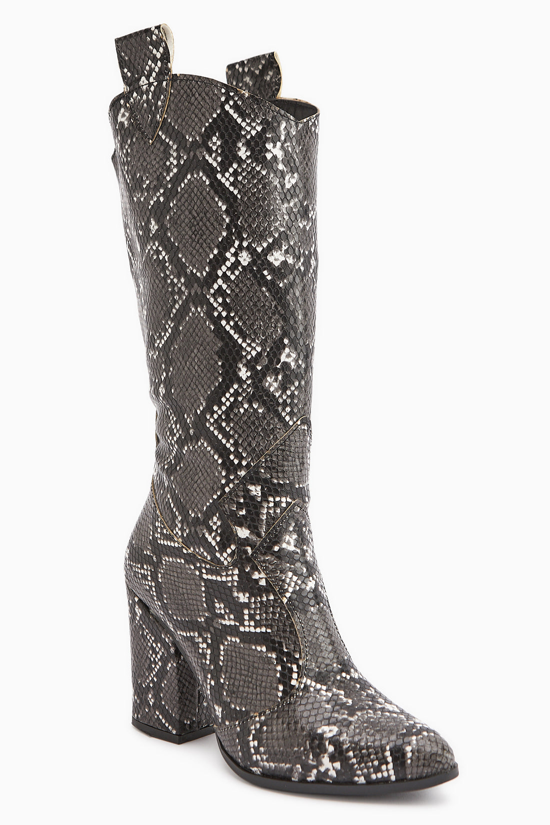 Keri Black Snake Pattern Asymmetrical Cut Women’s Short Heeled Boots