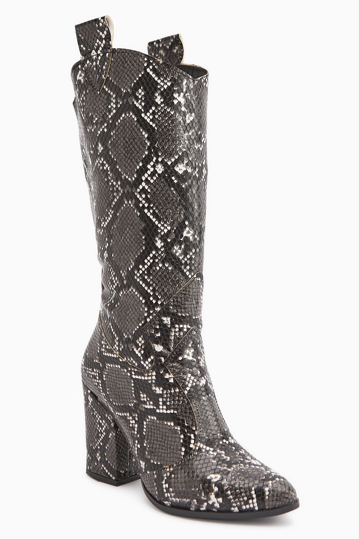 Keri Black Snake Pattern Asymmetrical Cut Women’s Short Heeled Boots