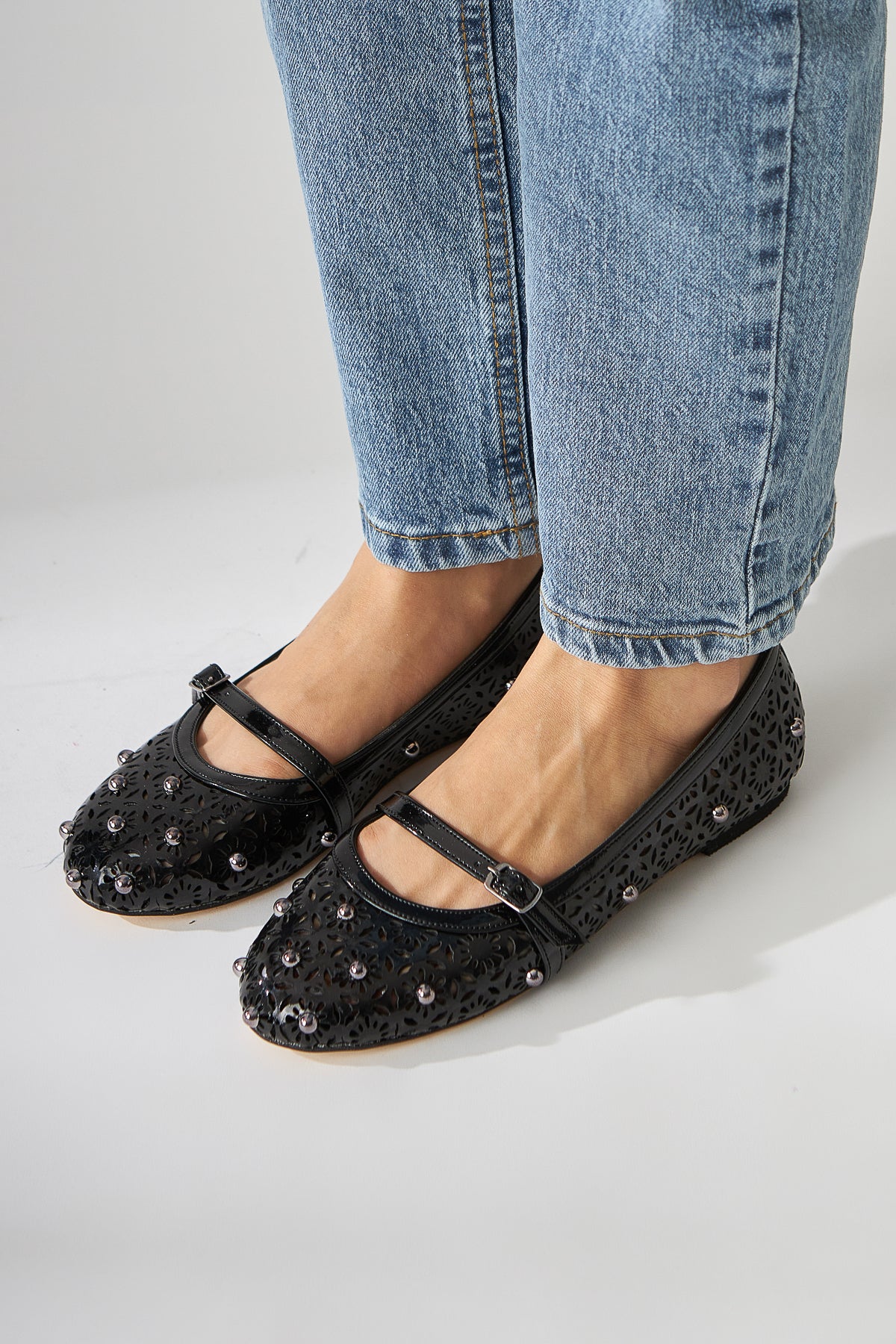 Jara Black Patent Ethnic Pattern Perforated Women’s Ballet Flats