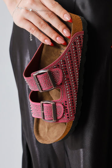 Aire Fuchsia Double Strap Stone Detailed Women’s Slippers