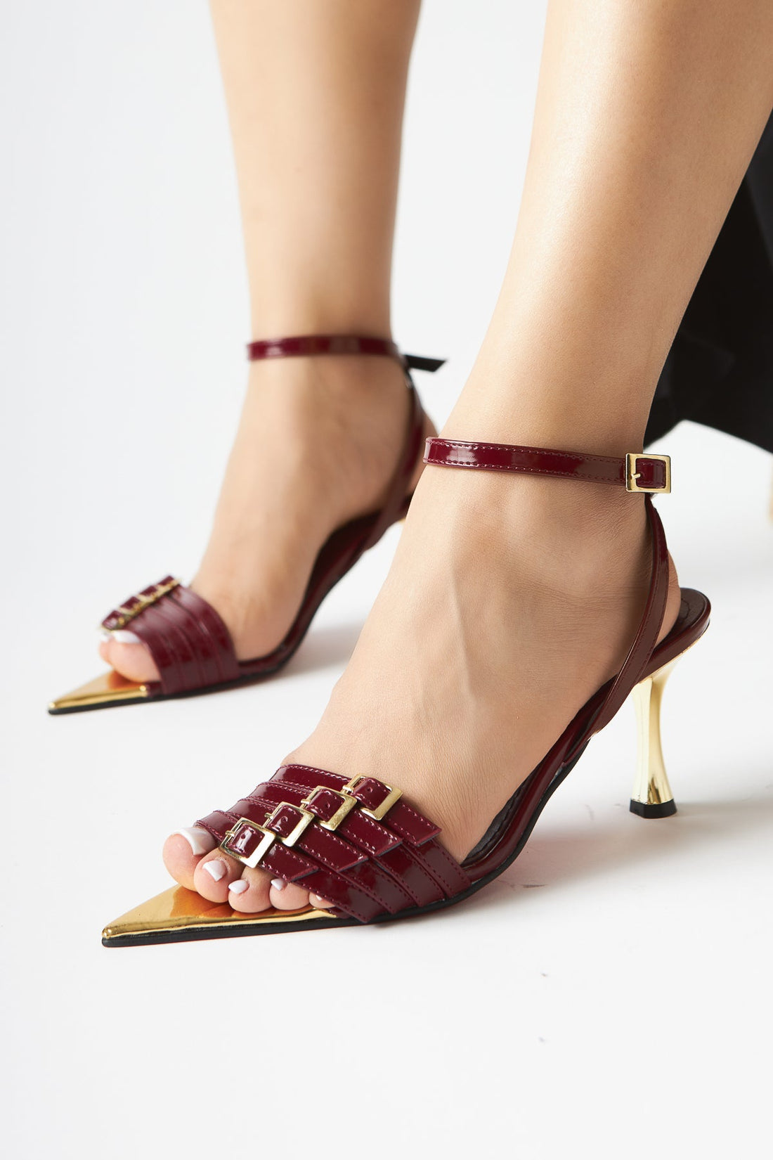 Helna Burgundy Gold-Buckled Stiletto Ankle-Strap Women's Sandals