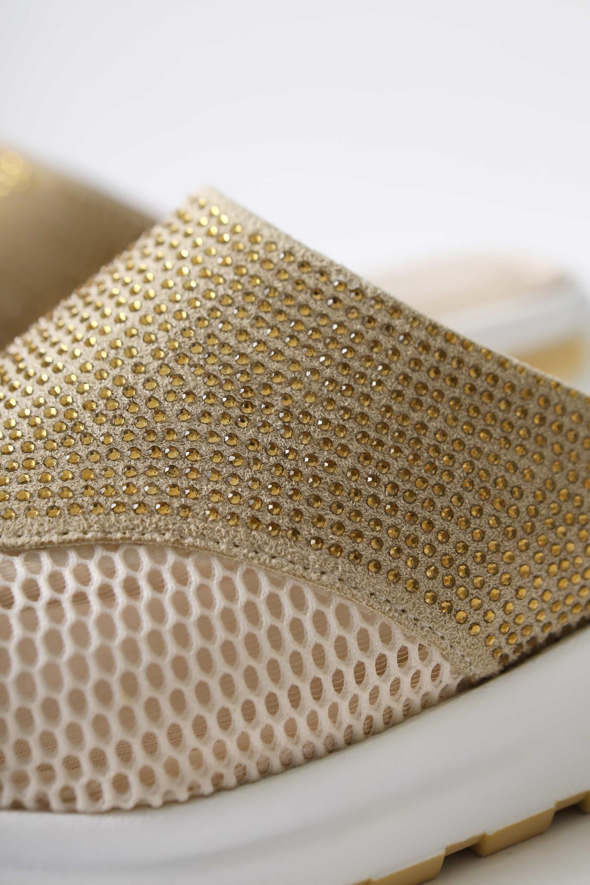 Suma Gold Mesh Detailed Embellished Slides