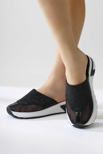 Suma Black Mesh Detailed Embellished Slides