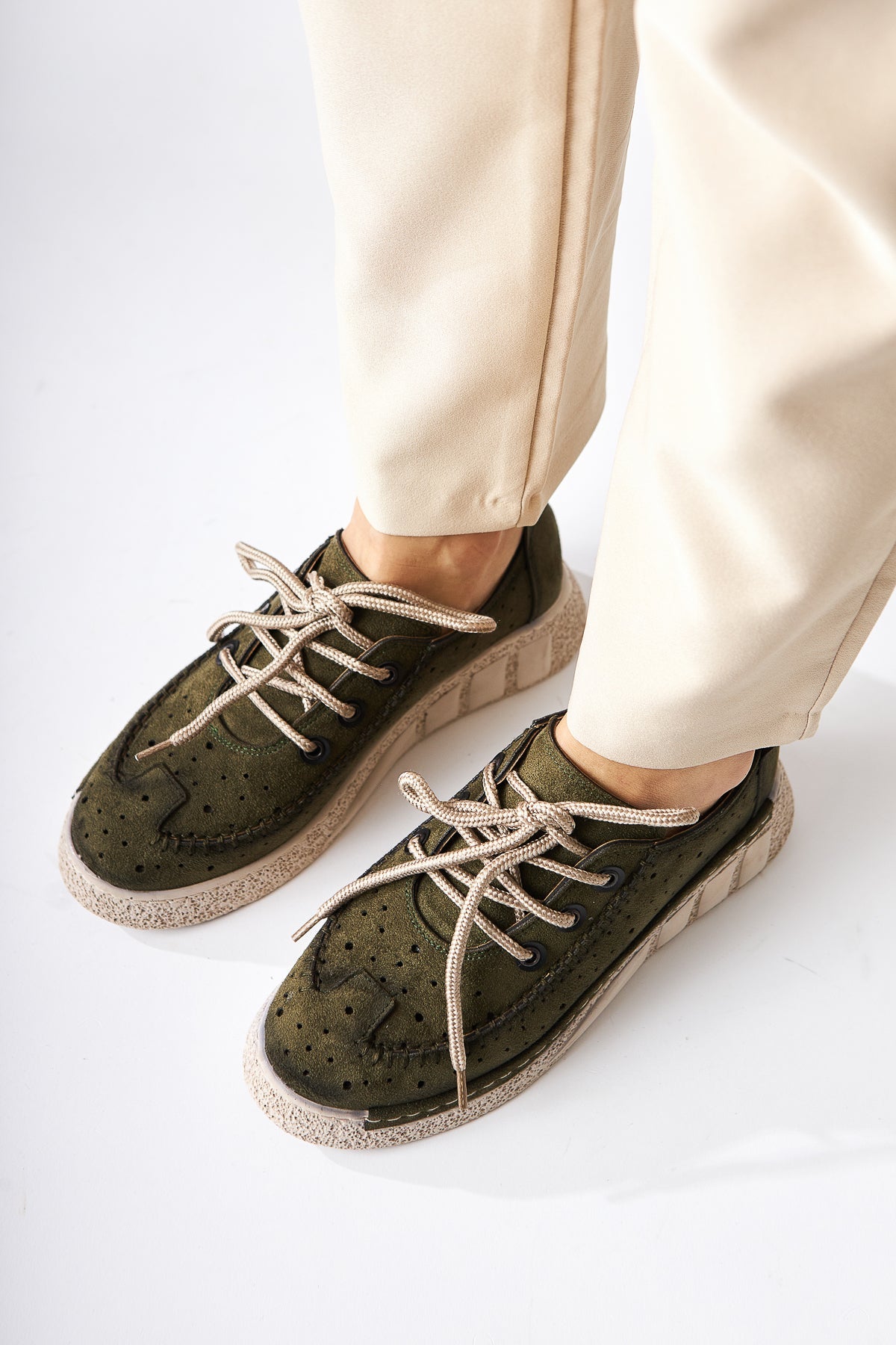 Juli – Olive Suede Vegan Material Lace-Up Casual Shoe (Women)