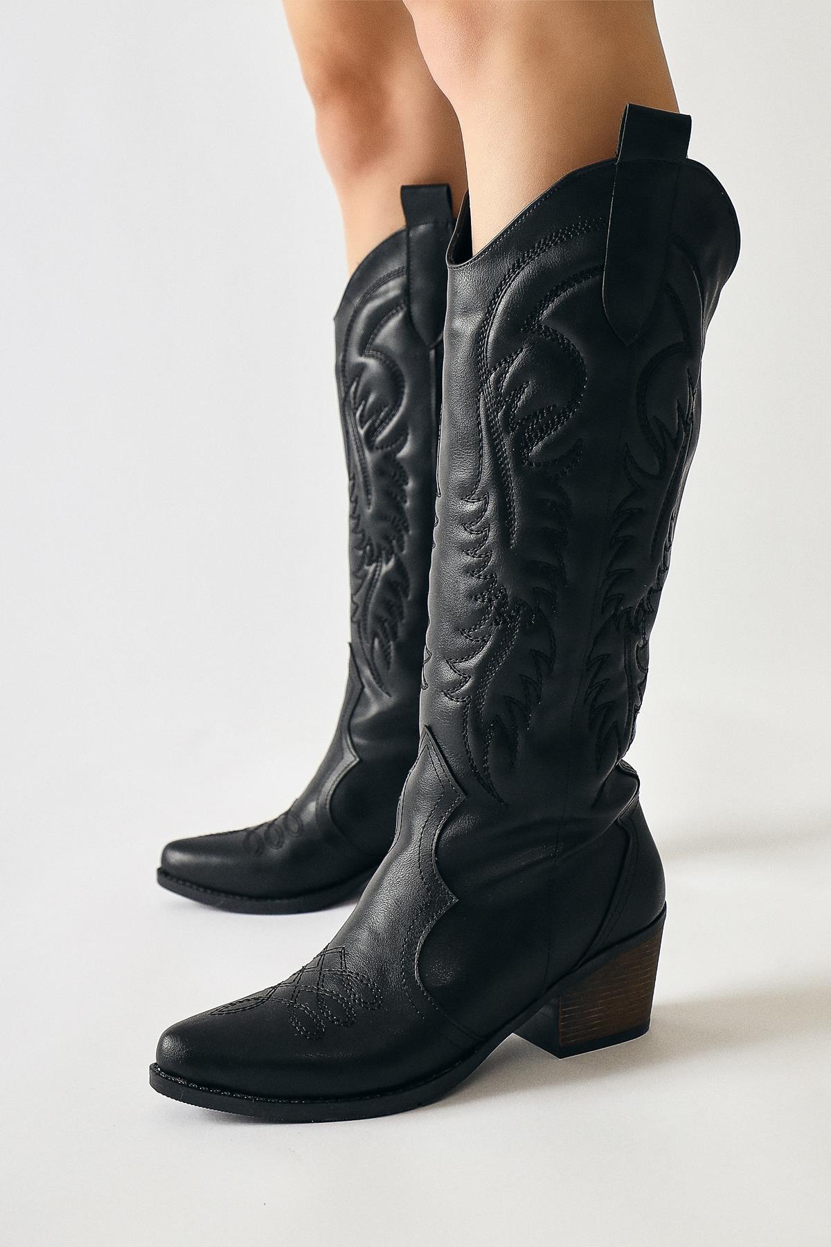 Florida – Black Embroidered-Detail Pointed-Toe Western Knee-High Boot (Women)