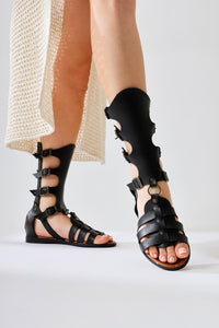 Baisa Genuine Leather Flat Sandal in Black with Buckle Detail
