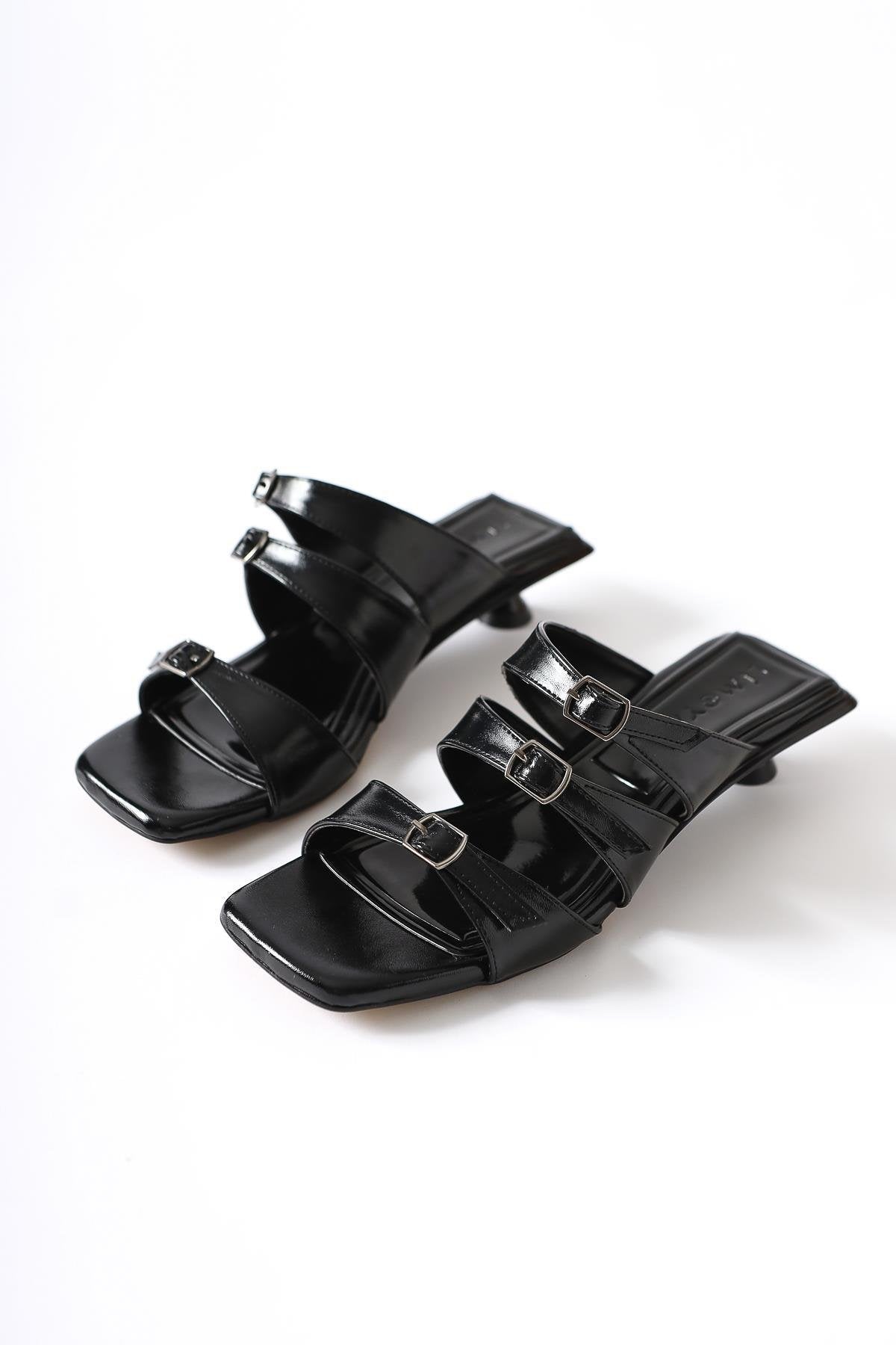 Mellanie Black Patent Leather Triple Strap Low Heel Slides