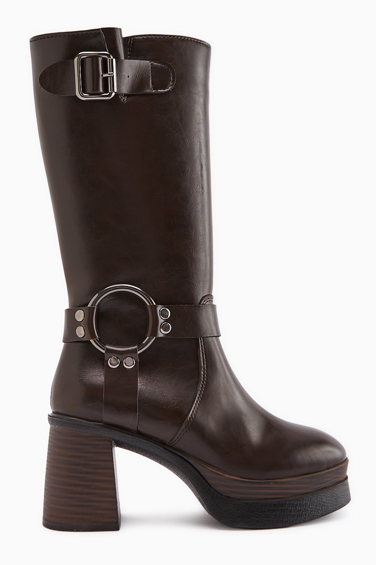 Beris – Brown Buckle-Detail Platform Knee-High Boot (Women)
