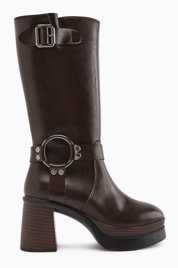 Beris – Brown Buckle-Detail Platform Knee-High Boot (Women)