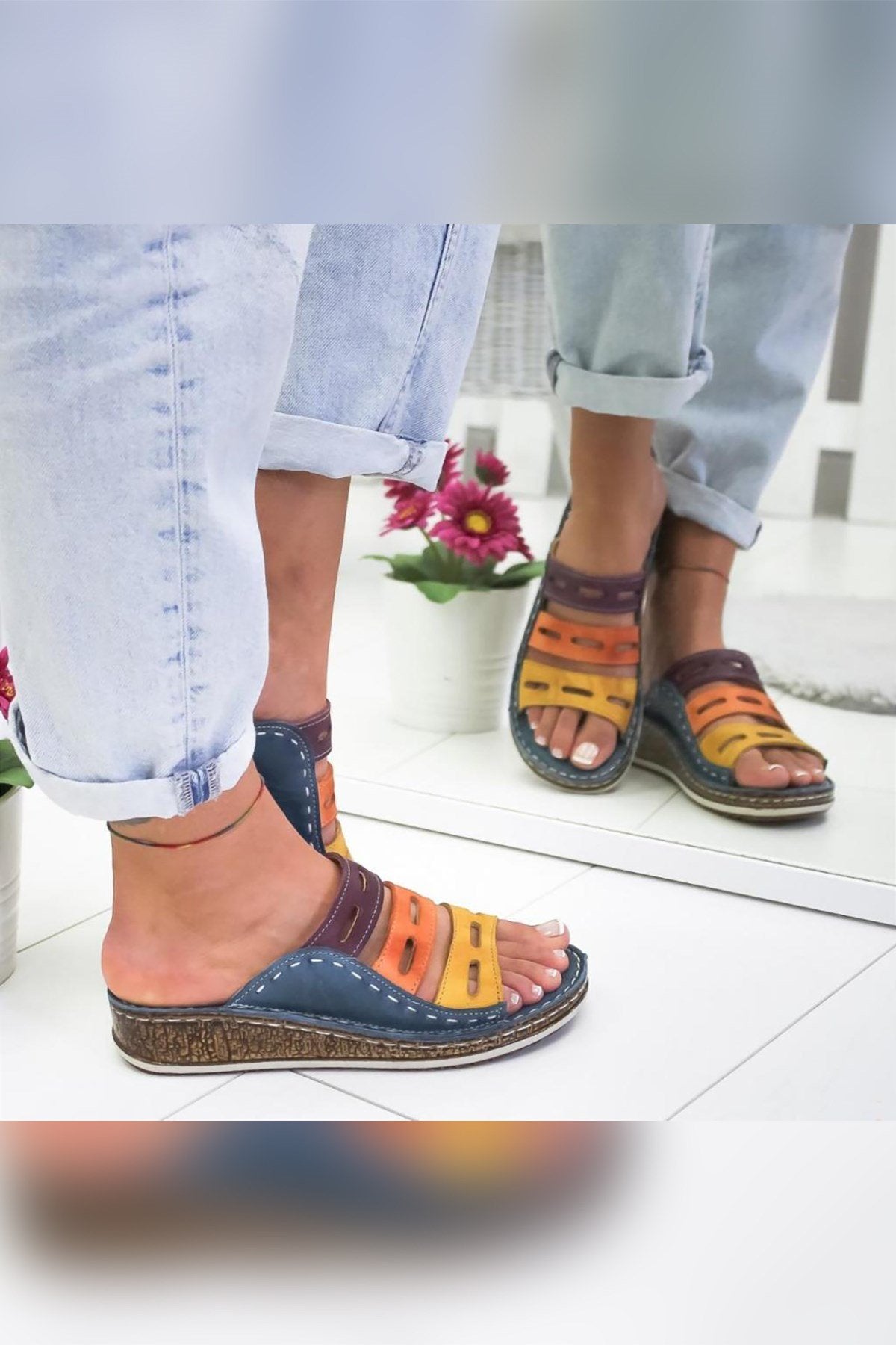 Joelle – Genuine Leather Denim Blue Purple Orange Mustard Laser-Cut Slide (Women)