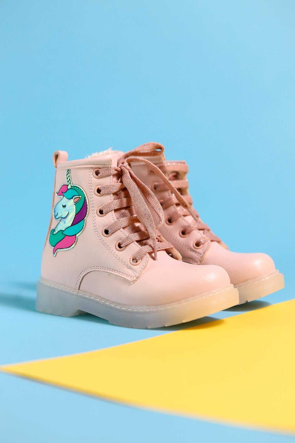 Jolene Powder Pink Unicorn Patch Light-Up Lace-Up Kids' Boots