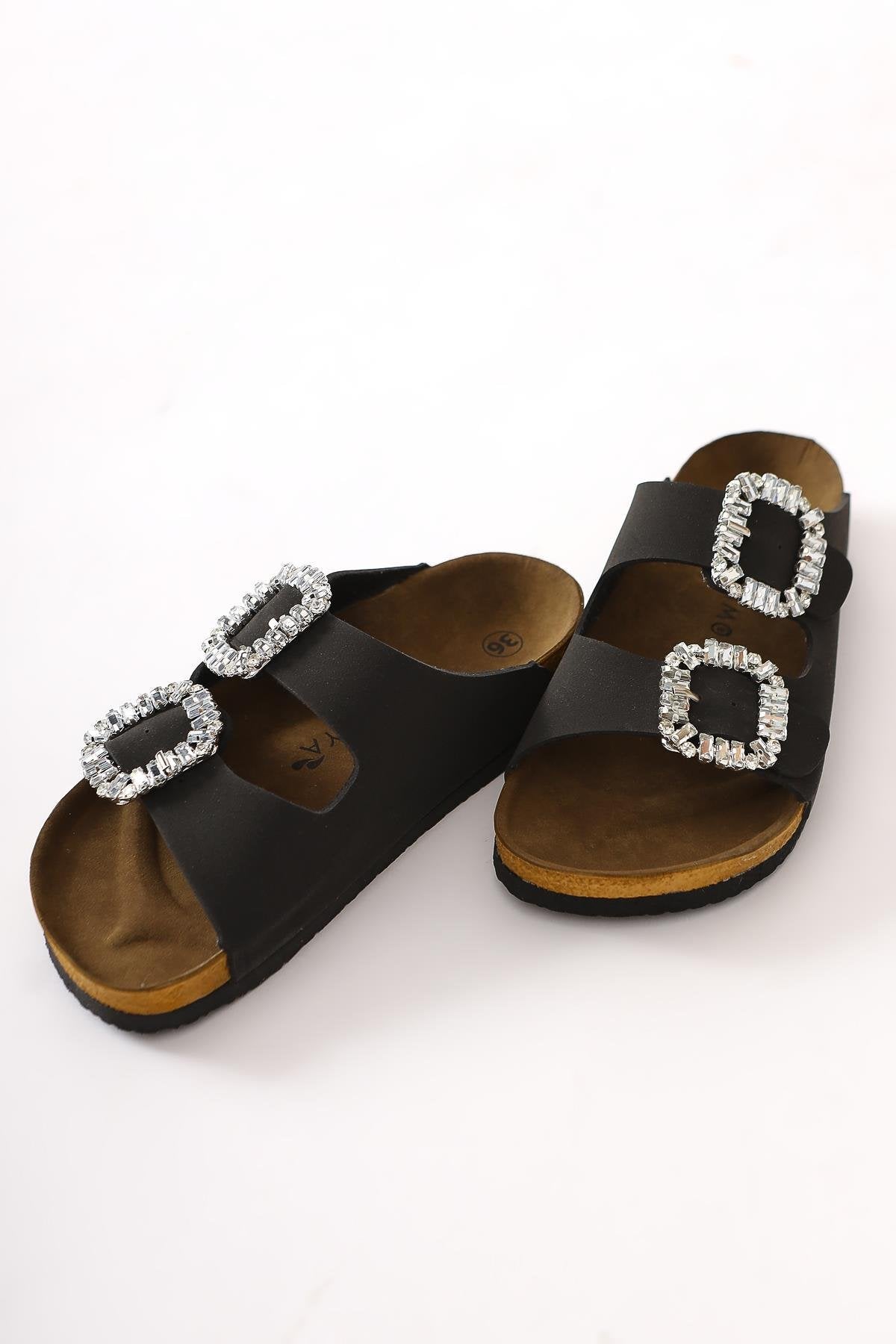 Brisa Black Double Strap Embellished Buckle Detail Slides