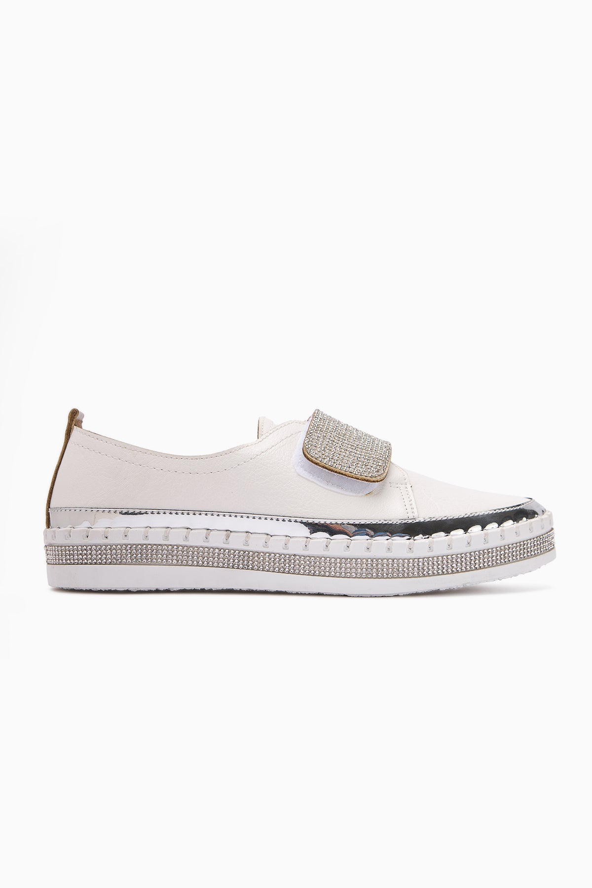 Valmira – White Hook-and-Loop Stone-Detail Casual Shoe (Women)