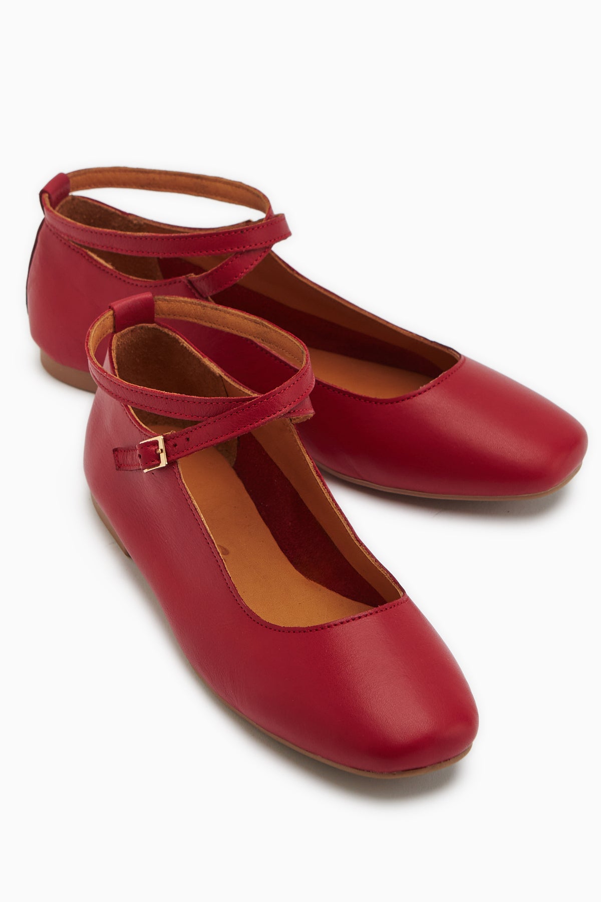 Genuine Leather Red Cross Strap Women’s Ballet Flats