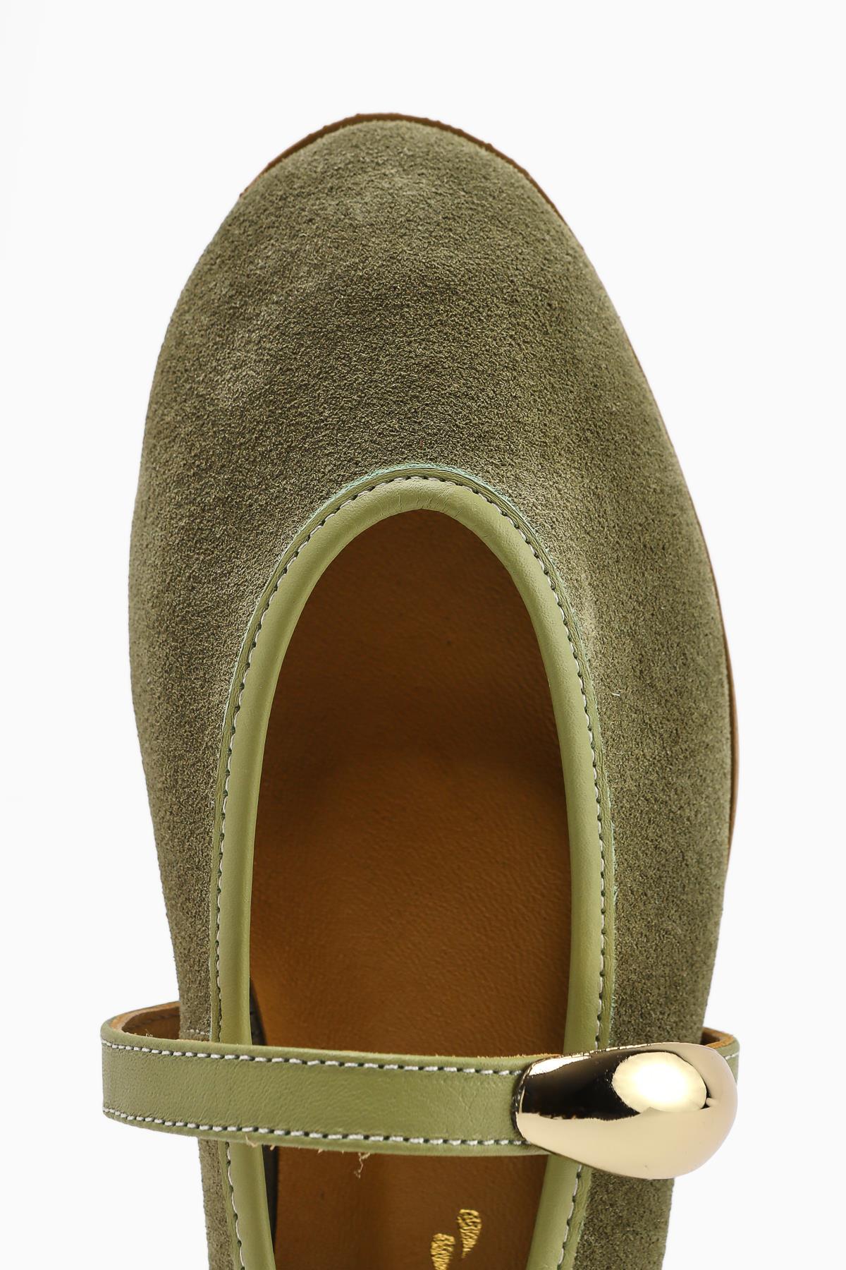 Aliana – Genuine Leather Olive Suede Buckle-Detail Ballet Flat (Women)