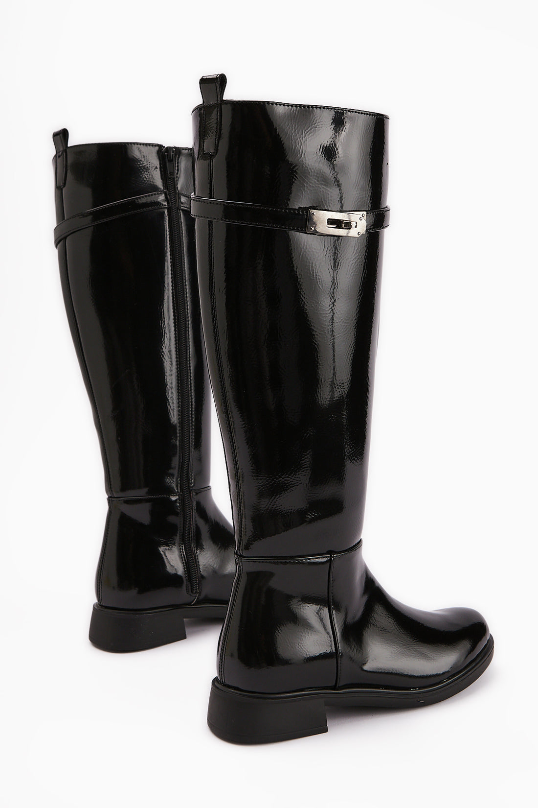 Kanako Black Patent Accessory Zippered Short Heeled Boots