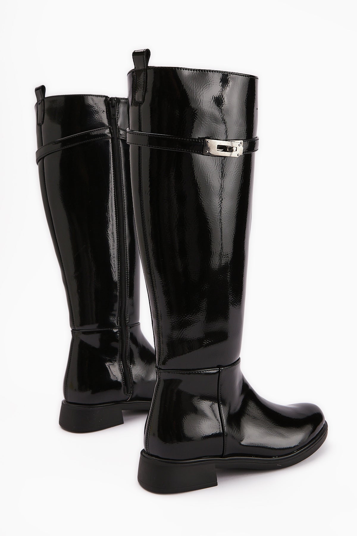 Kanako Black Patent Accessory Zippered Short Heeled Boots