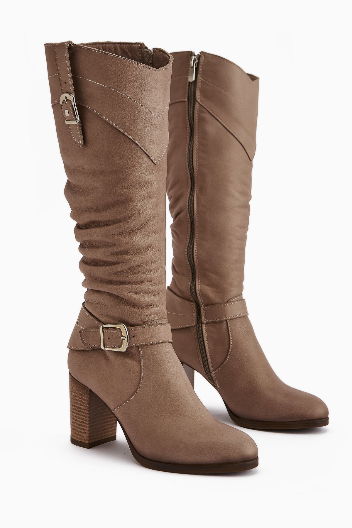 Ting Genuine Leather – Taupe Buckle-Detail Heeled Knee-High Boot (Women)